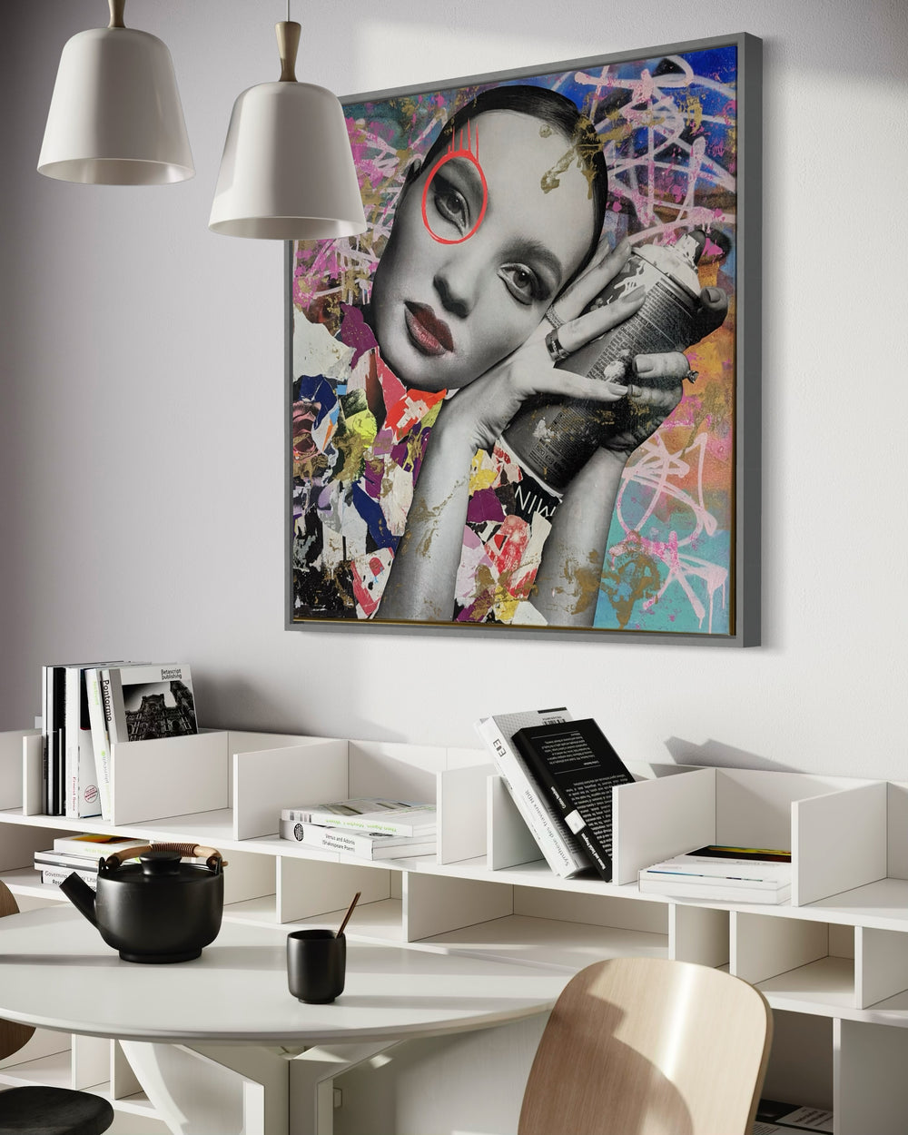 36" x 36" Acrylic paint, spray paint, wheat-paste, vintage advertisements, printed fragments on canvas. Woman posed with a paint can surrounded by colorful graphics with DAIN's signature circle around her left eye. 