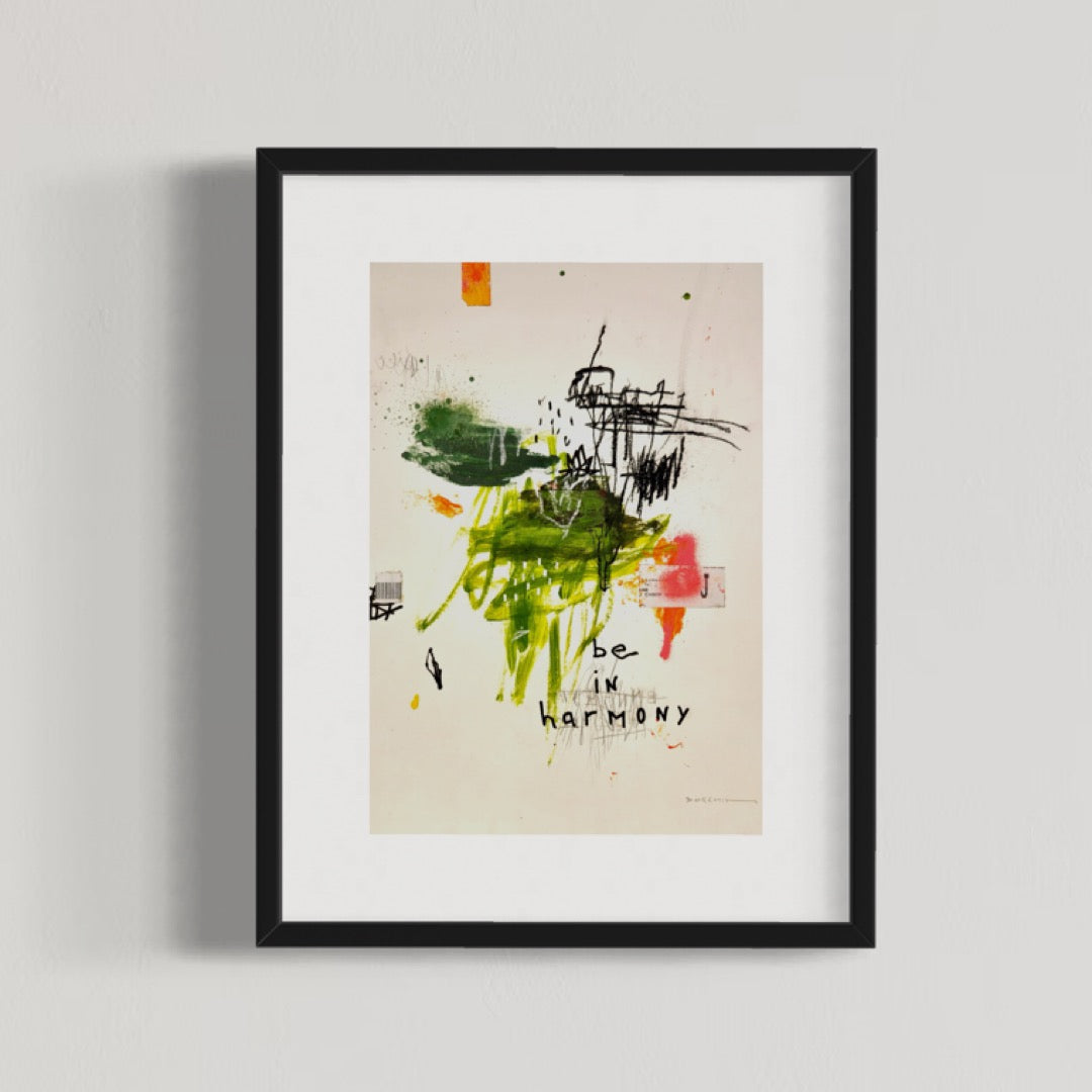 Abstract mixed media artwork on paper by Laurent Dorchin in black, pink, green and white. Organic linework and minimal illustrations with collage and text elements.