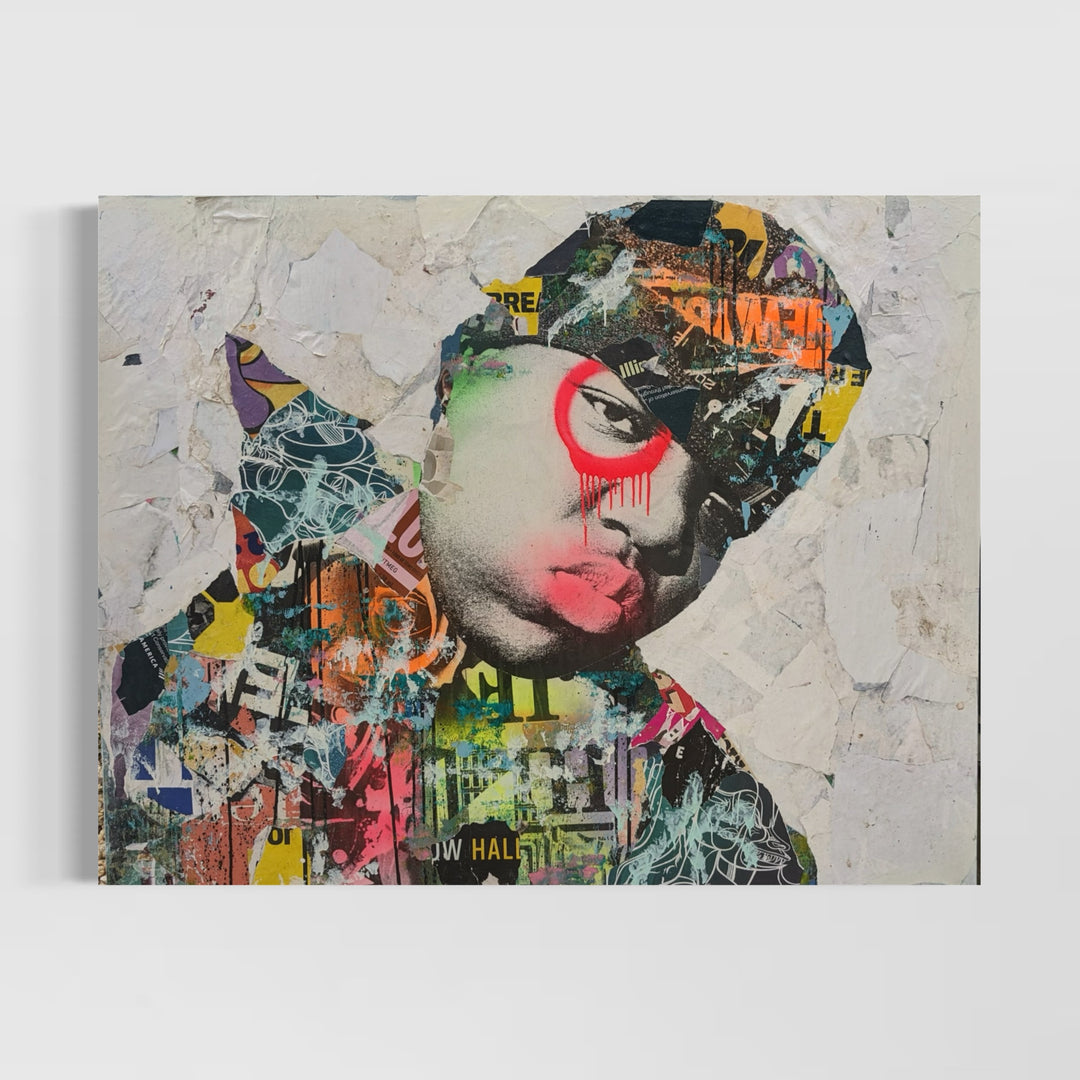 60"W x 48"H Acrylic paint, spray paint, wheat-paste, vintage advertisements, printed fragments on canvas. Biggie Smalls with graphics and DAIN&