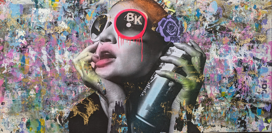 72"W x 36"H Acrylic paint, spray paint, wheat-paste, vintage advertisements, printed fragments on canvas. Posed woman with colorful graphics and DAIN&