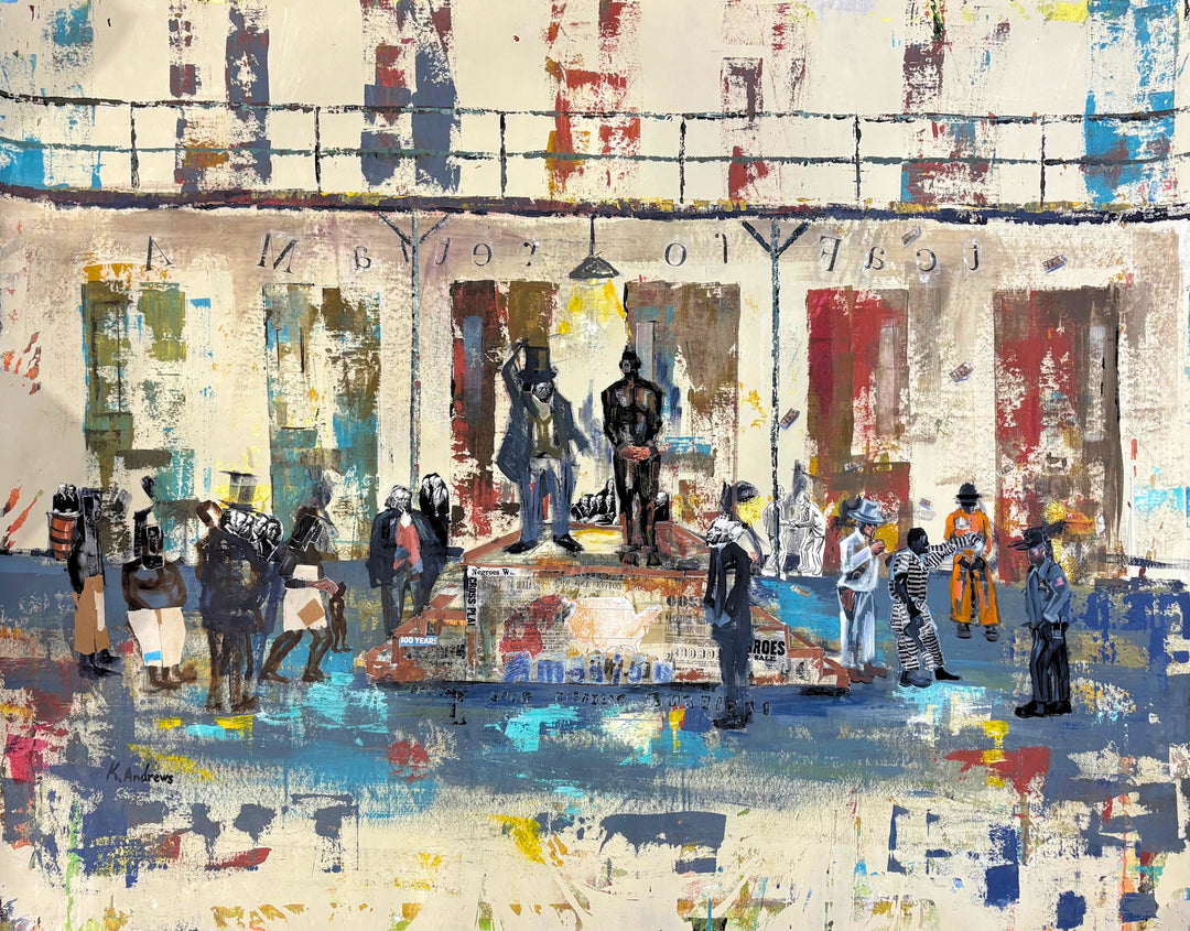 Keith Andrews, Block to Block, acrylic and collage on parachute cloth, 48 x 60 inches. Painted figures stand on a blue floor in front of a cream cell block with red, blue and green doors and an upper railing. At center, a man in a top hat and a dark standing figure stand on a raised platform covered in collaged newspaper text.