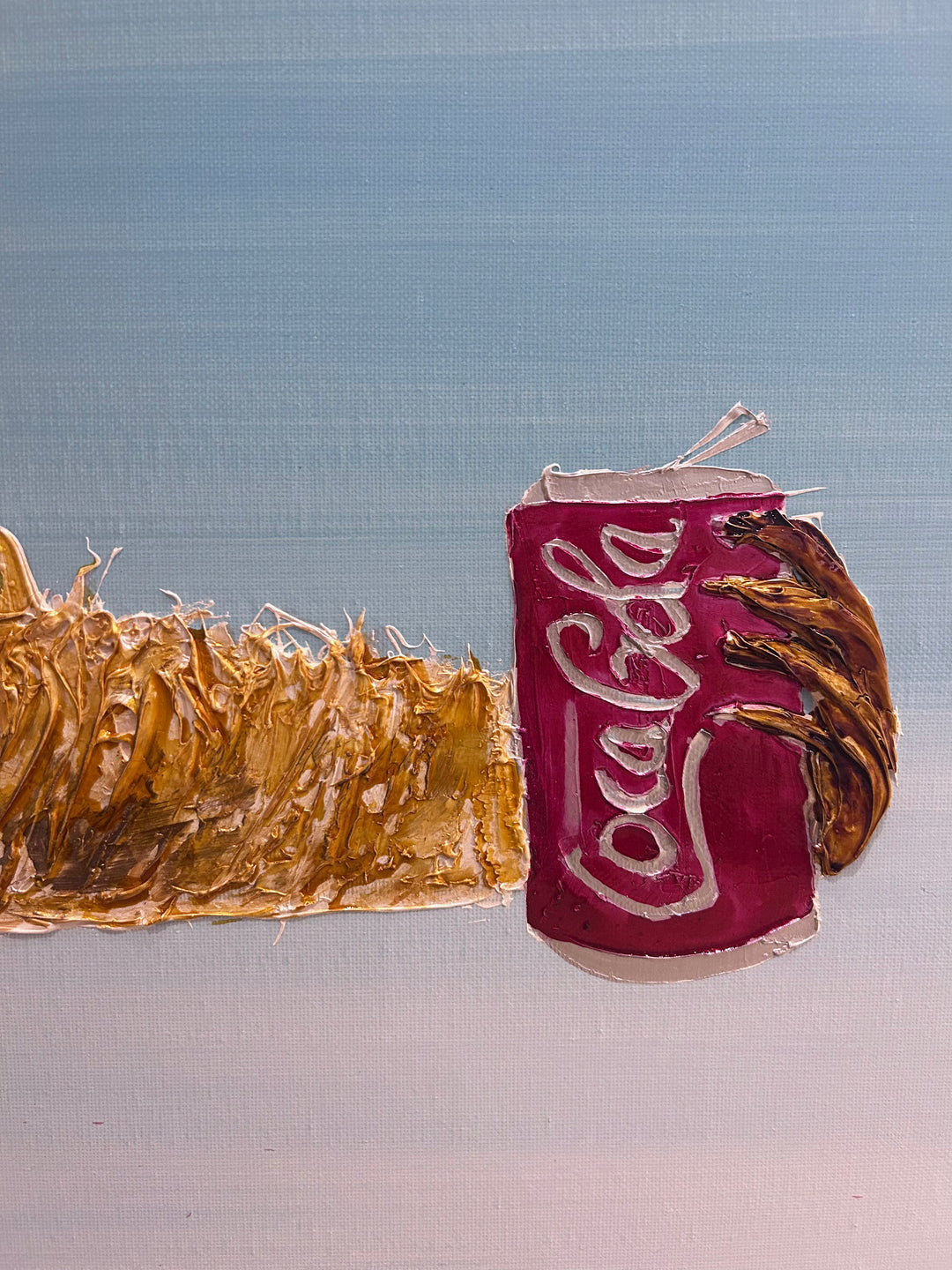 36" x 36" acrylic on canvas painting of a beige sloth hanging from a branch with a coca cola over a blue gradient background. 