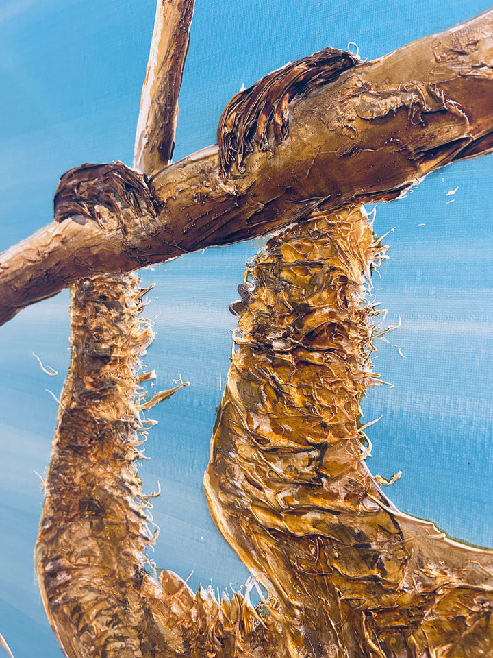 36" x 36" acrylic on canvas painting of a beige sloth hanging from a branch with a coca cola over a blue gradient background. 