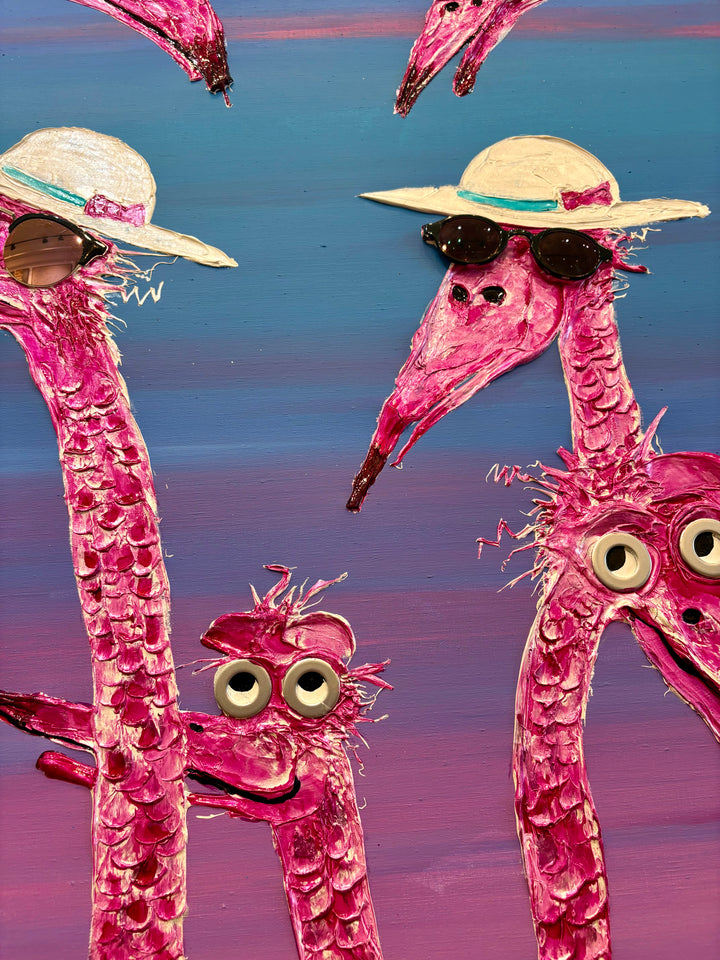 48" x 48" acrylic on canvas painting of pink flamingos in hats and sunglasses over a blue-pink gradient background. 