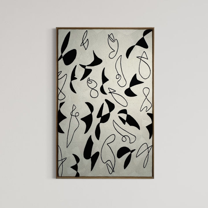 abstract shapes doodles line work in black and white negative space solid heavy chain stitched textile fabric embroidery
