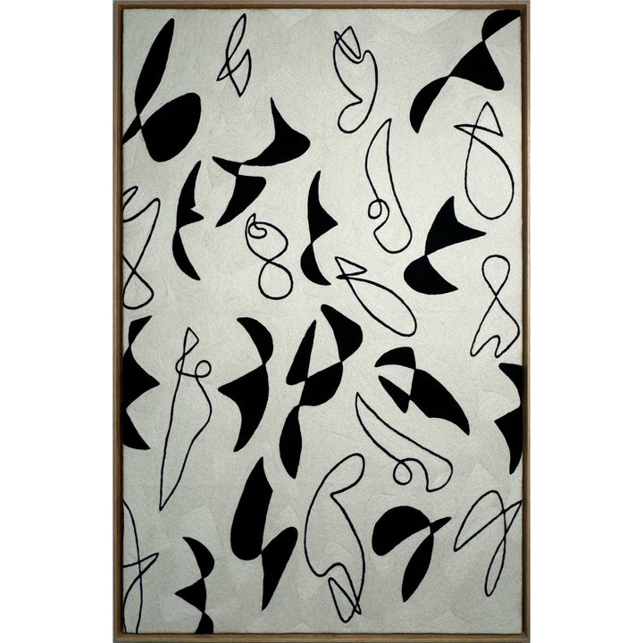 abstract shapes doodles line work in black and white negative space solid heavy chain stitched textile fabric embroidery