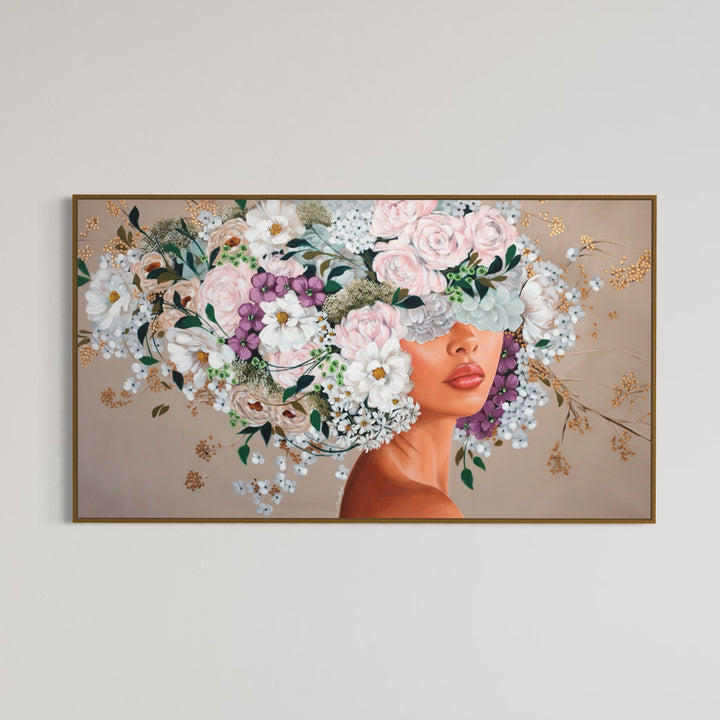 37"W x 50"H Acrylic portrait on canvas. Woman in profile with the top half of her face and hair covered by white, pink and purple flowers on a creme background. 