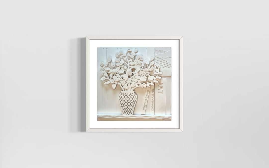 14"x14" layered white paper forming a vase with a eucalyptus over a wall.  