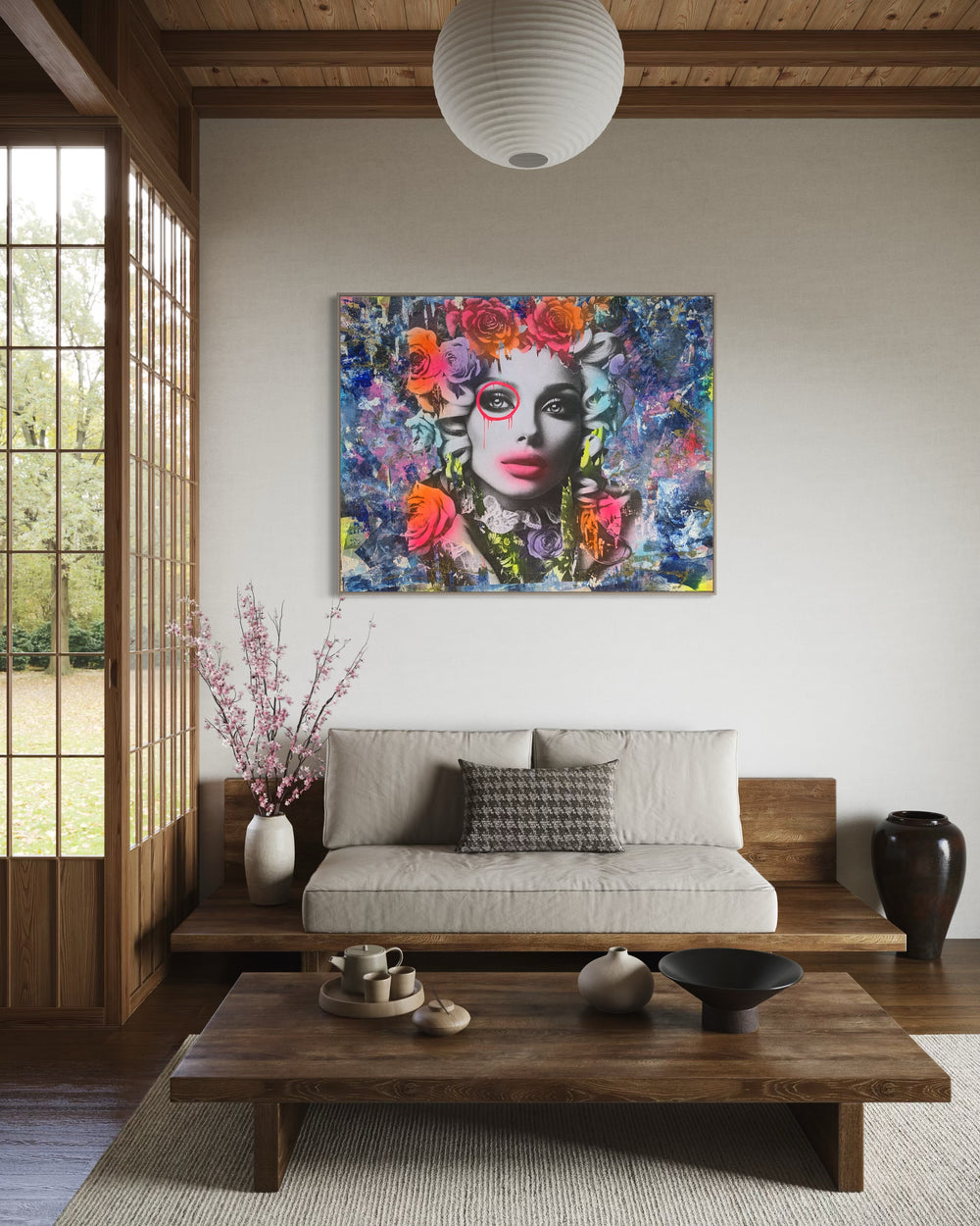 60"W x 48"H Acrylic paint, spray paint, wheat-paste, vintage advertisements, printed fragments on canvas. Woman's face framed by neon graphics with DAIN's signature circle over her left eye. 