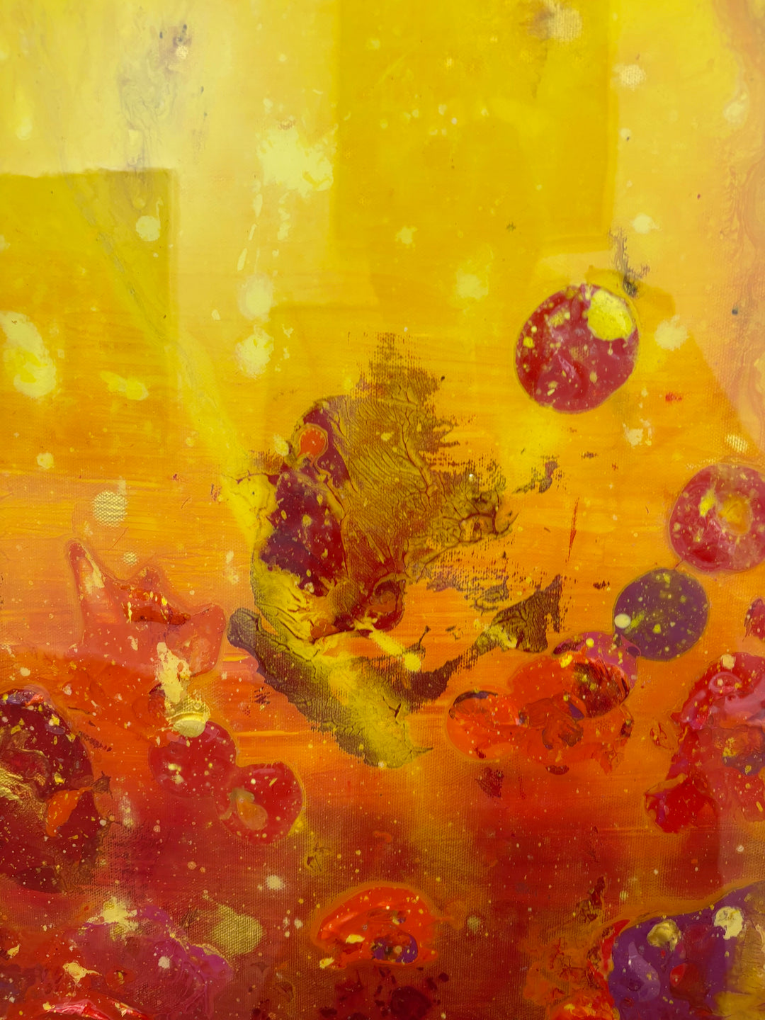 Golden red orange and yellow shiny resin oil and acrylic panting textured 3 dimensional artwork  organic spots layered  by eric heitmann