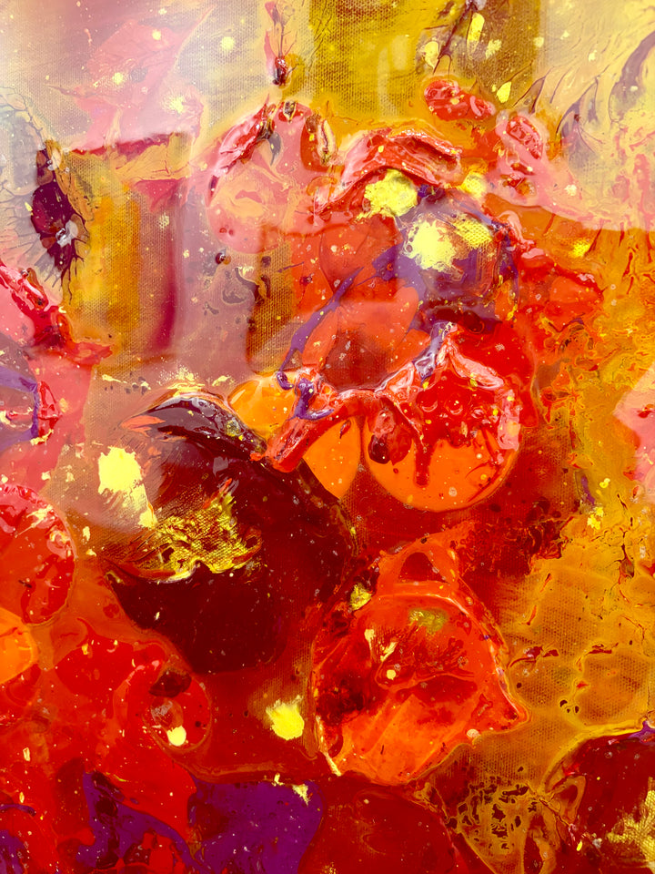 Golden red orange and yellow shiny resin oil and acrylic panting textured 3 dimensional artwork  organic spots layered  by eric heitmann