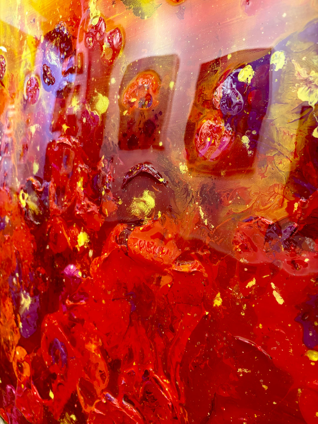 Golden red orange and yellow shiny resin oil and acrylic panting textured 3 dimensional artwork  organic spots layered  by eric heitmann