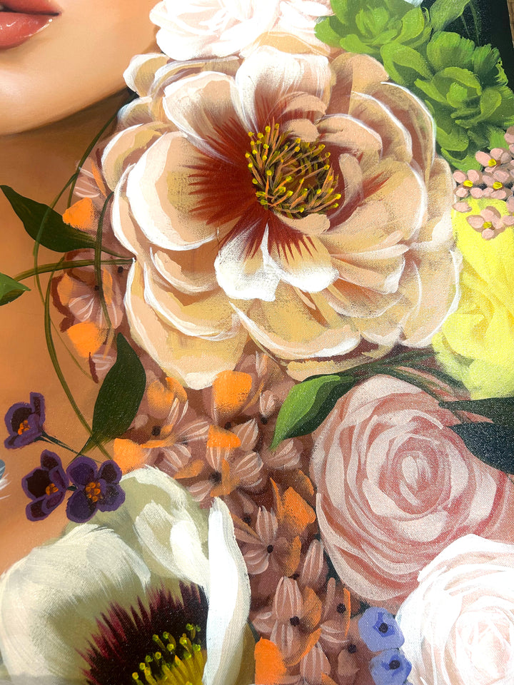 37"W x 50"H Acrylic portrait on canvas. Woman with the upper half of her face covered by colorful flowers that extend to the foreground. 