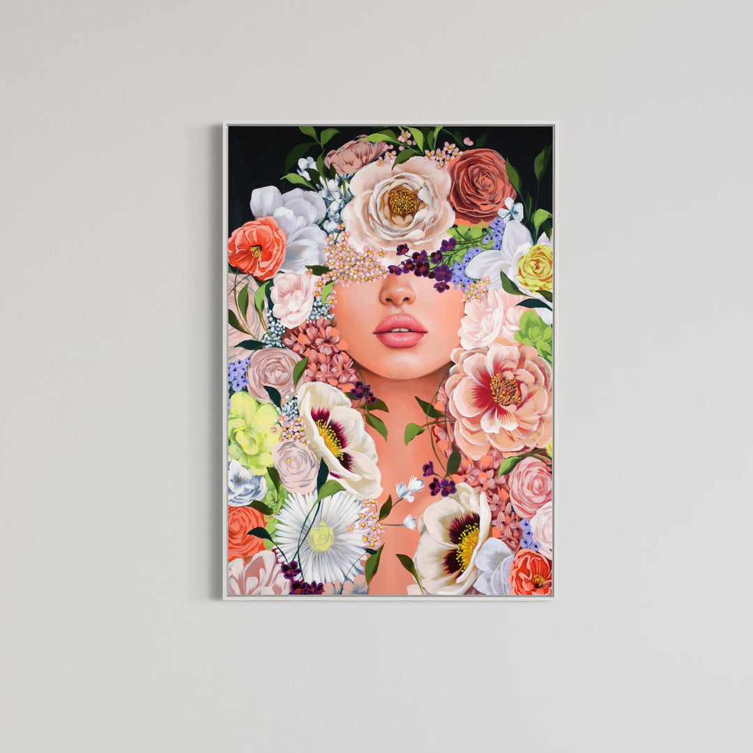 37"W x 50"H Acrylic portrait on canvas. Woman with the upper half of her face covered by colorful flowers that extend to the foreground. 