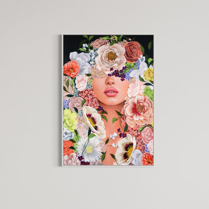 37"W x 50"H Acrylic portrait on canvas. Woman with the upper half of her face covered by colorful flowers that extend to the foreground. 