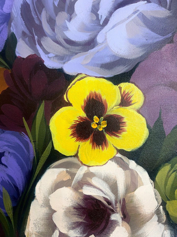 37"W x 50"H Acrylic portrait on canvas. Woman with the top half of her face covered in blue, purple and yellow flowers extending to the foreground. 