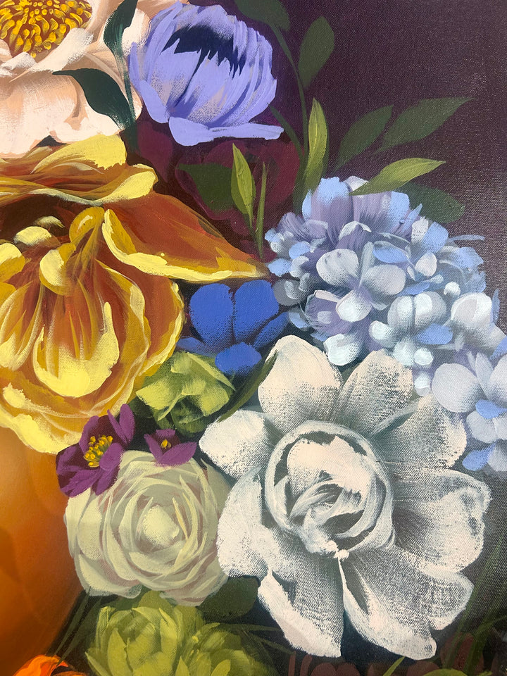37"W x 50"H Acrylic portrait on canvas. Woman with the top half of her face covered in blue, purple and yellow flowers extending to the foreground. 