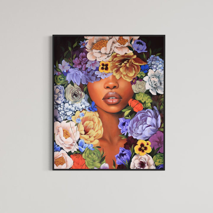 37"W x 50"H Acrylic portrait on canvas. Woman with the top half of her face covered in blue, purple and yellow flowers extending to the foreground. 