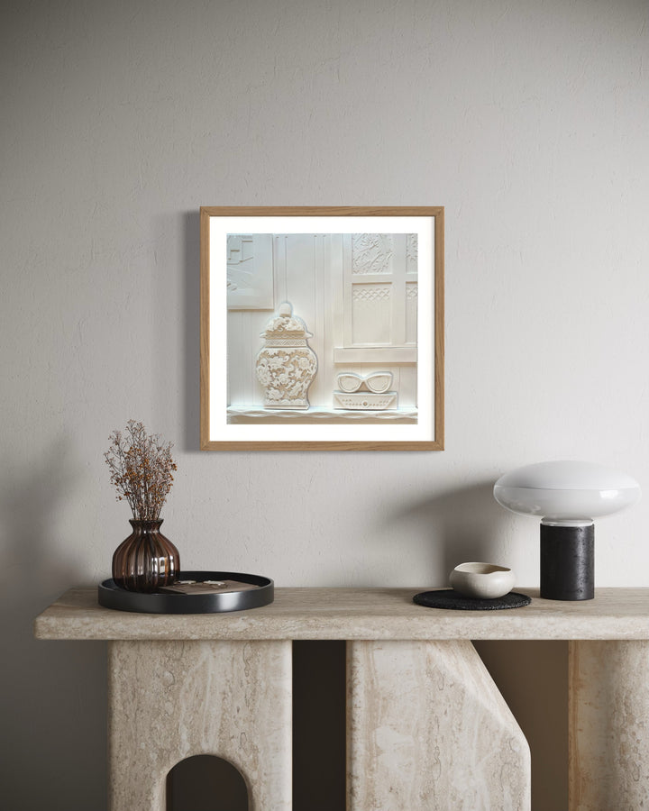 14 x 14 cut paper collage ginger cookie jar and glass in white paper layered artwork