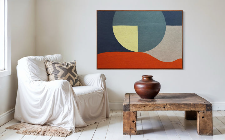 chain stitched embroidery fabric textile framed geometric abstraction blue green orange shapes negative space