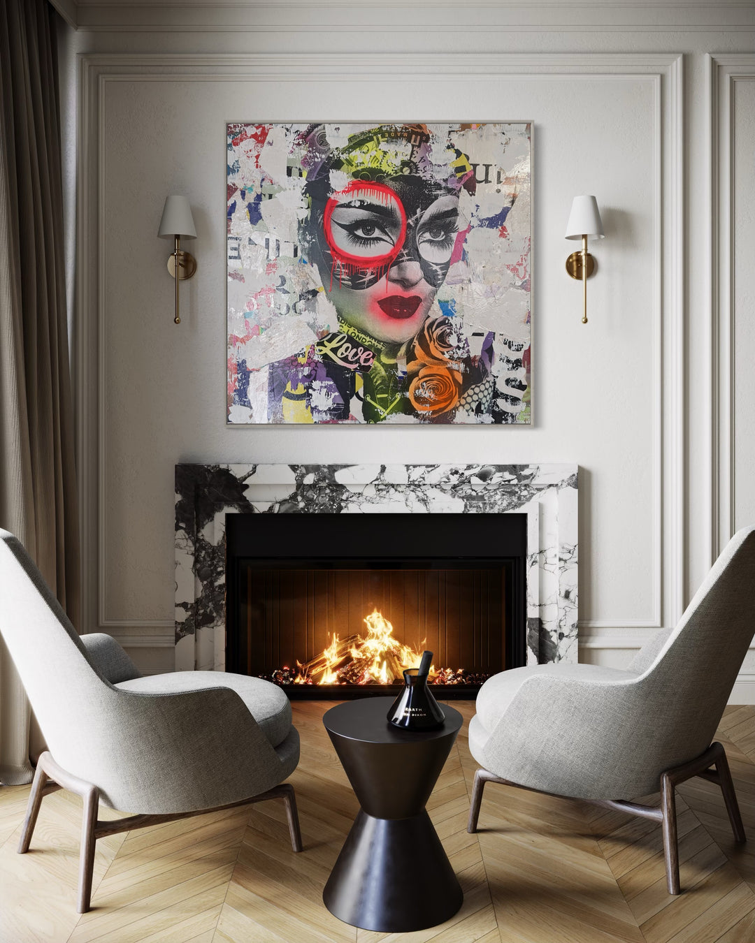 48" x 48" Acrylic paint, spray paint, wheat-paste, vintage advertisements, printed fragments on canvas. Masked woman surrounded by paper graphics with DAIN&