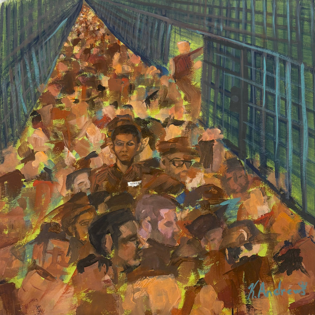 crowded prison caged path of faceless figure people in acrylic 