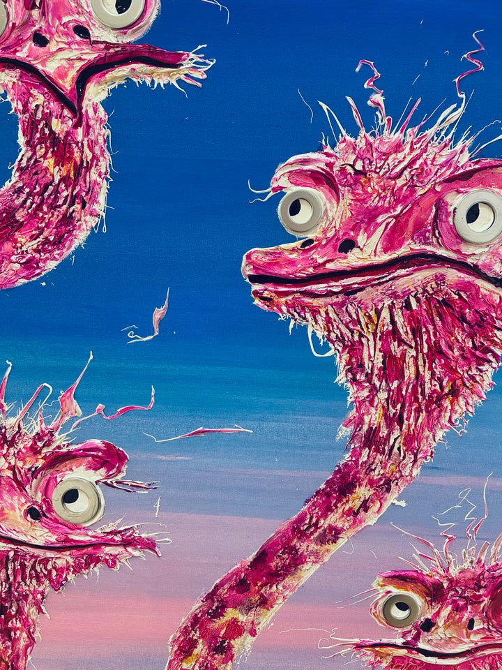 40" x 40" acrylic on canvas painting of a family of pink flamingos over a blue-pink gradient background. Washers used as eyes. 
