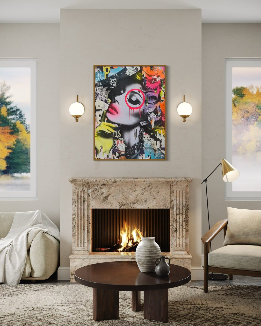 30"W x 40"H Acrylic paint, spray paint, wheat-paste, vintage advertisements, printed fragments on canvas. Posed woman surrounded by neon graphics with DAIN&