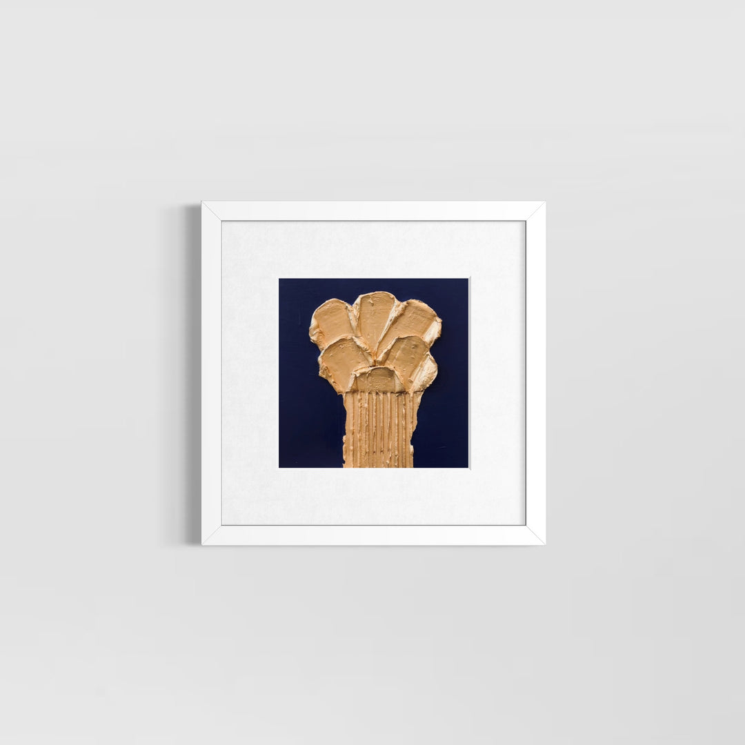 golden layered joint compound texture sculpted abstract floral bouquet on matte dark blue background