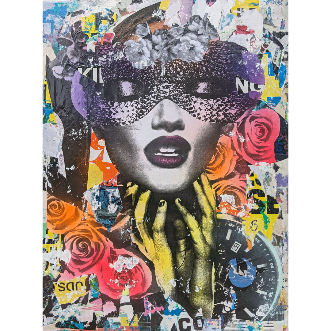 36"W x 48"H Acrylic paint, spray paint, wheat-paste, vintage advertisements, printed fragments on canvas. Woman&