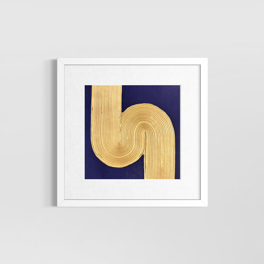 minimal geometric abstract organic shape in gold with lines curving and straight on blue background