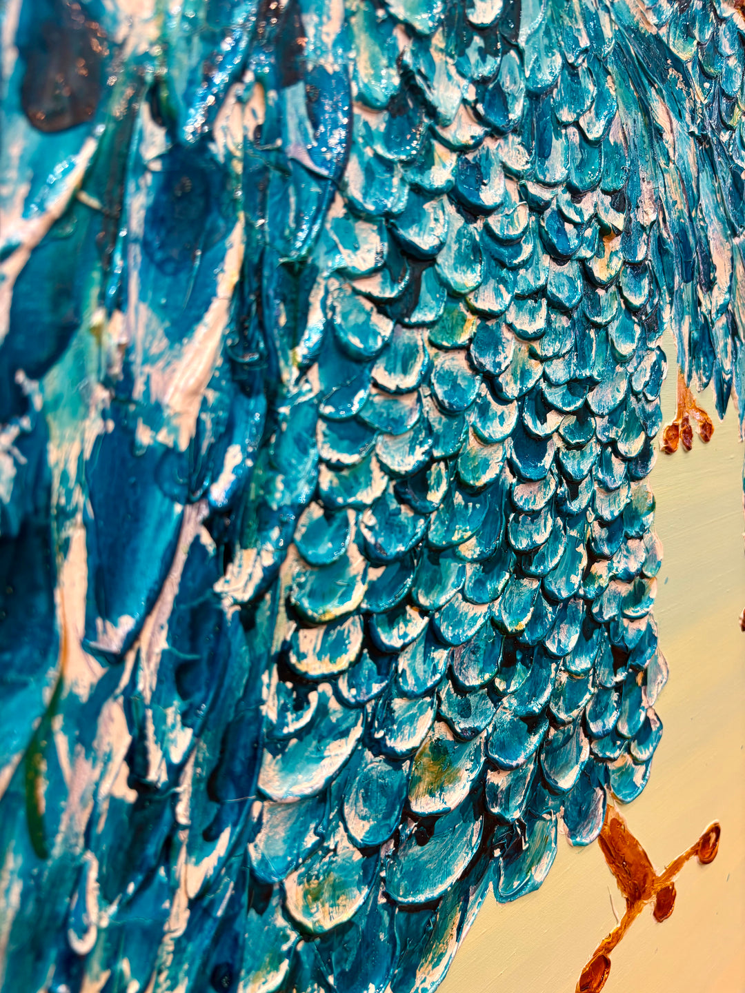 48" x 48" acrylic on canvas painting of blue birds with hats and eyes made of washers over a blue and green gradient background. 