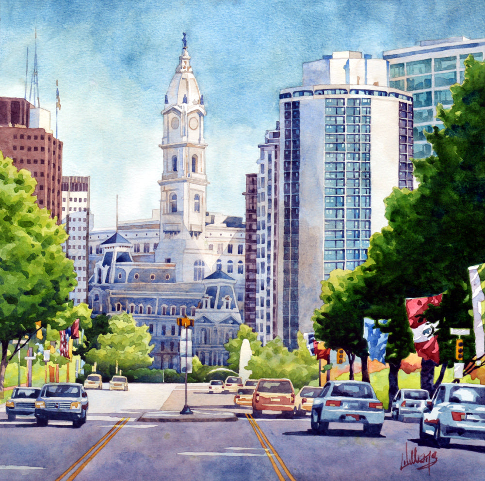 Watercolor of the view of Philadelphia City Hall from the Benjamin Franklin Park Way