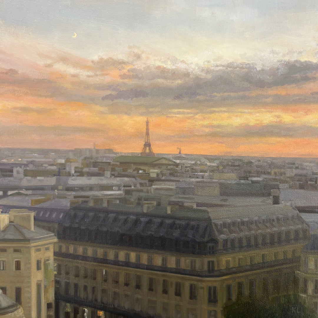 Oil landscape painting of the Paris skyline at sunset