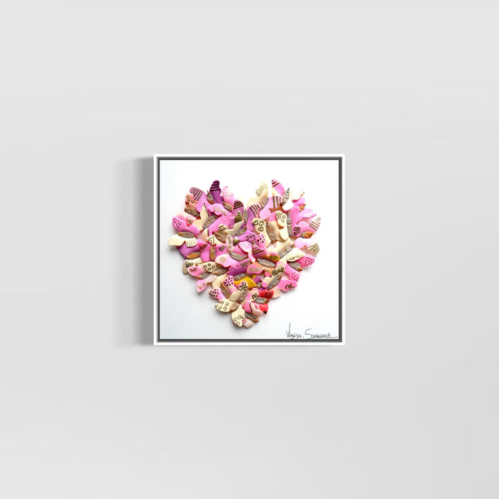3 dimensional textured artwork of butterflies with text and floral collage on white background with pink and beige clay model paste acrylic in heart shape