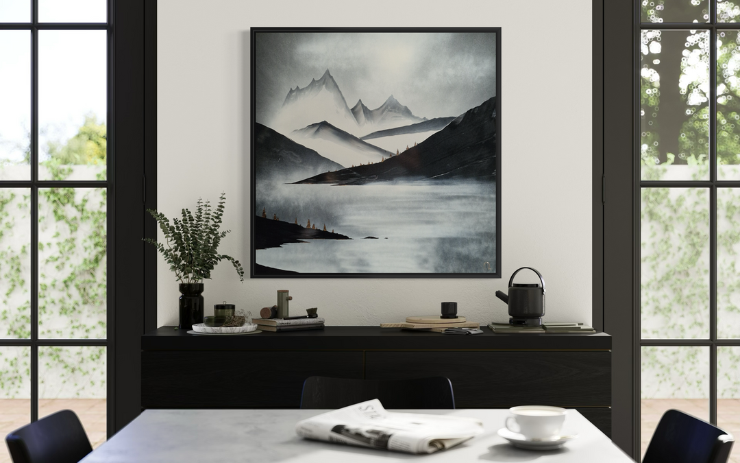 Julien Rey, The Nature, lacquer and gold leaf on board, 31 x 31 inches, shown framed above a dark wood sideboard with a plant and ceramics, in a dining area with a table and chairs.