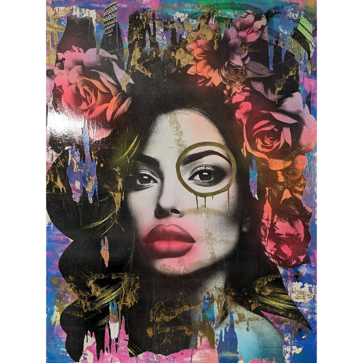 36"W x 48"H Acrylic paint, spray paint, wheat-paste, vintage advertisements, printed fragments on canvas. Woman&