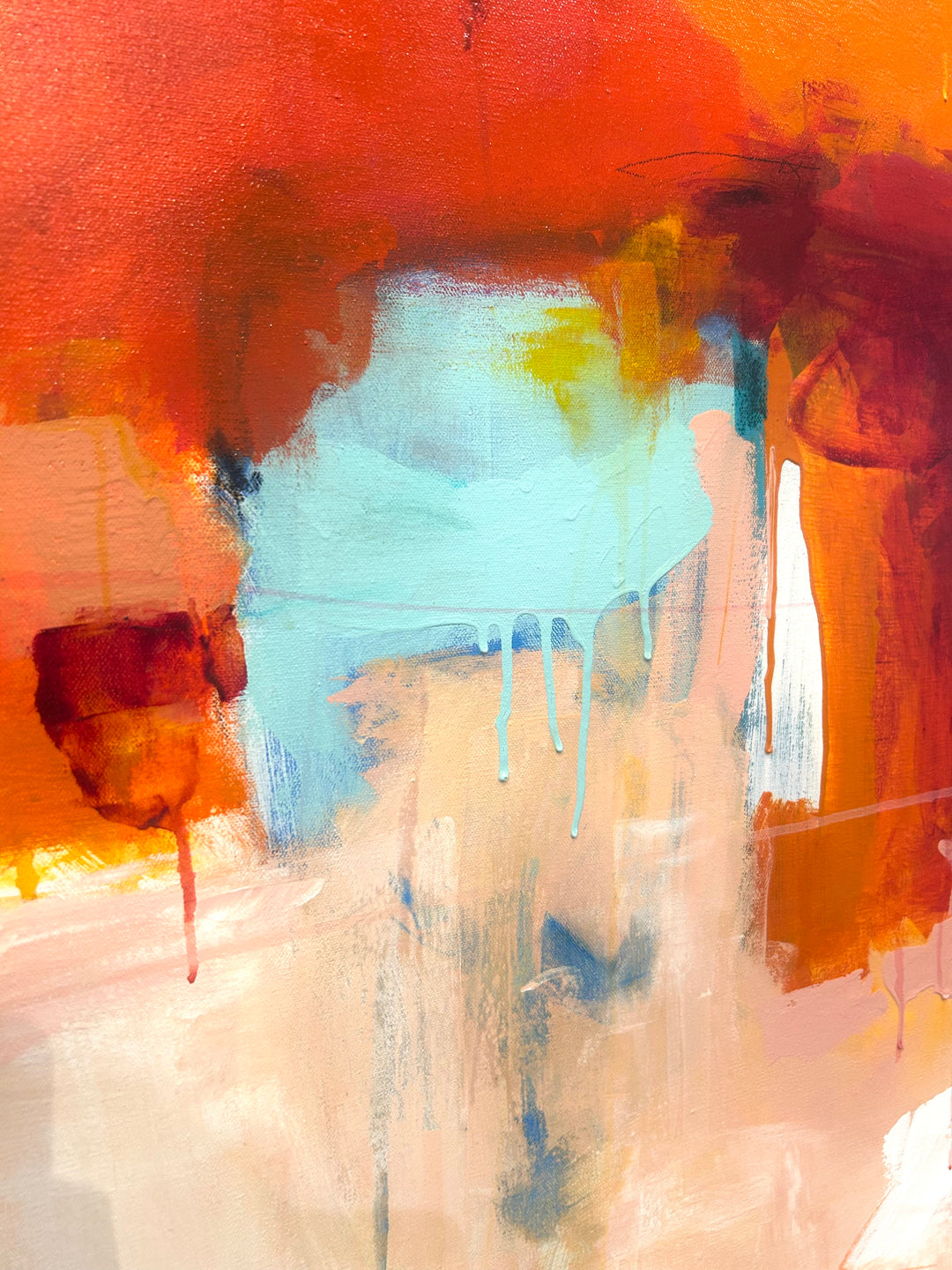 Abstract painting in red, orange and pink, with touches of light blue and white. Acylic paintin of canvas, large format