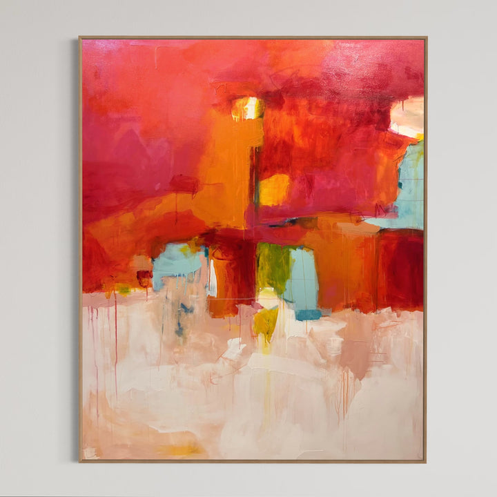 Abstract painting in red, orange and pink, with touches of light blue and white. Acylic paintin of canvas, large format