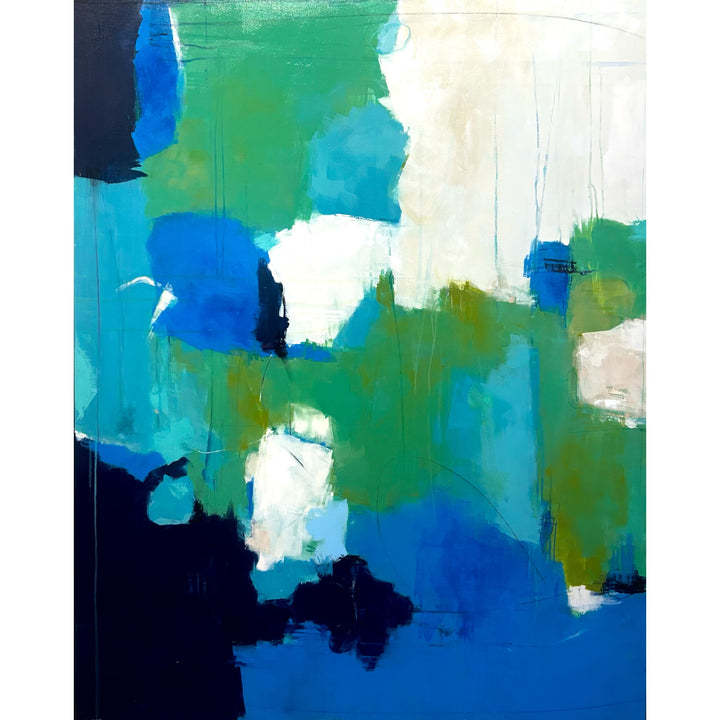 48”W x 60”H abstract acrylic on canvas painting with blue, green, teal and cream.
