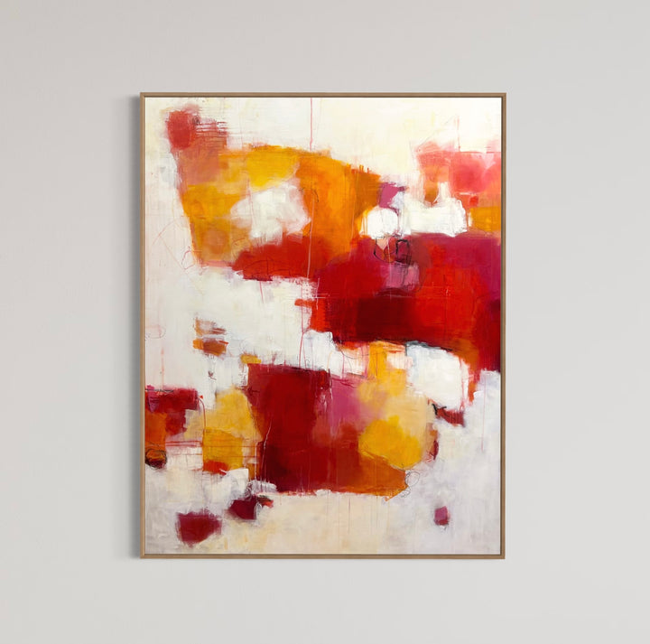 48”W x 60”H abstract acrylic on canvas painting with red, orange, yellow and cream. 