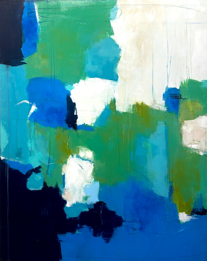 48”W x 60”H abstract acrylic on canvas painting with blue, green, teal and cream.