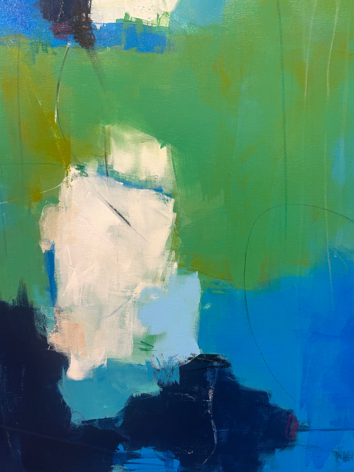 48”W x 60”H abstract acrylic on canvas painting with blue, green, teal and cream.