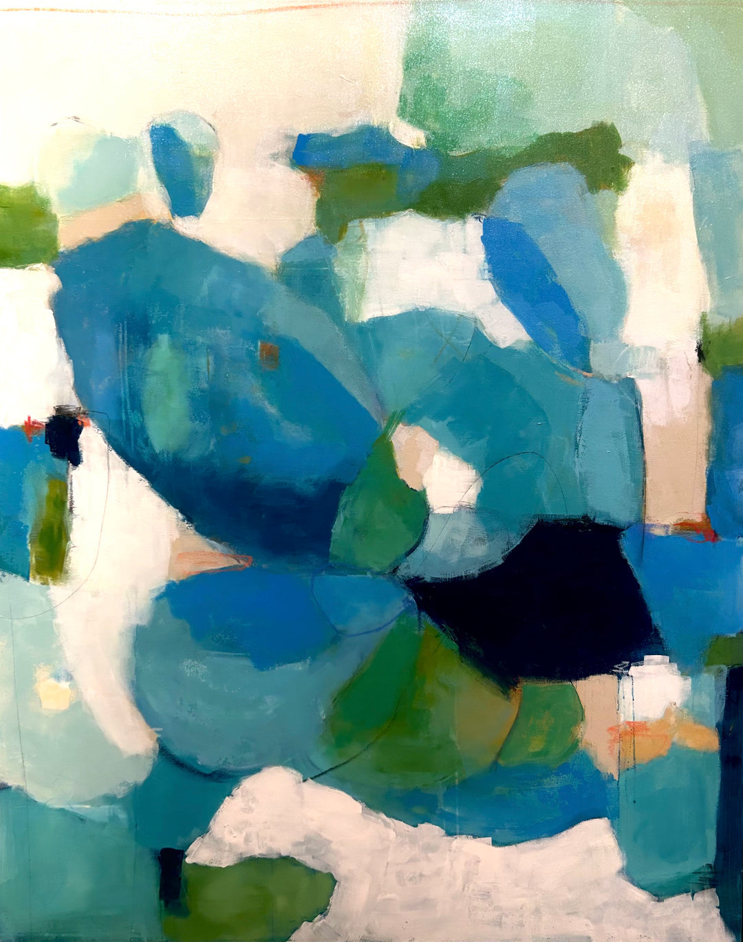 48”W x 60”H abstract acrylic on canvas painting with blues, greens, and cream.