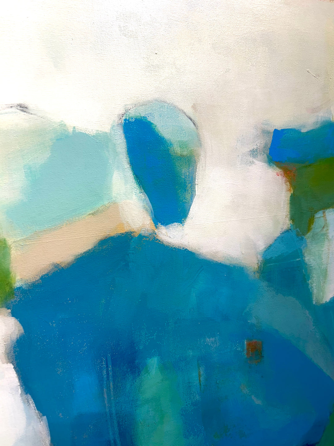 48”W x 60”H abstract acrylic on canvas painting with blues, greens, and cream.