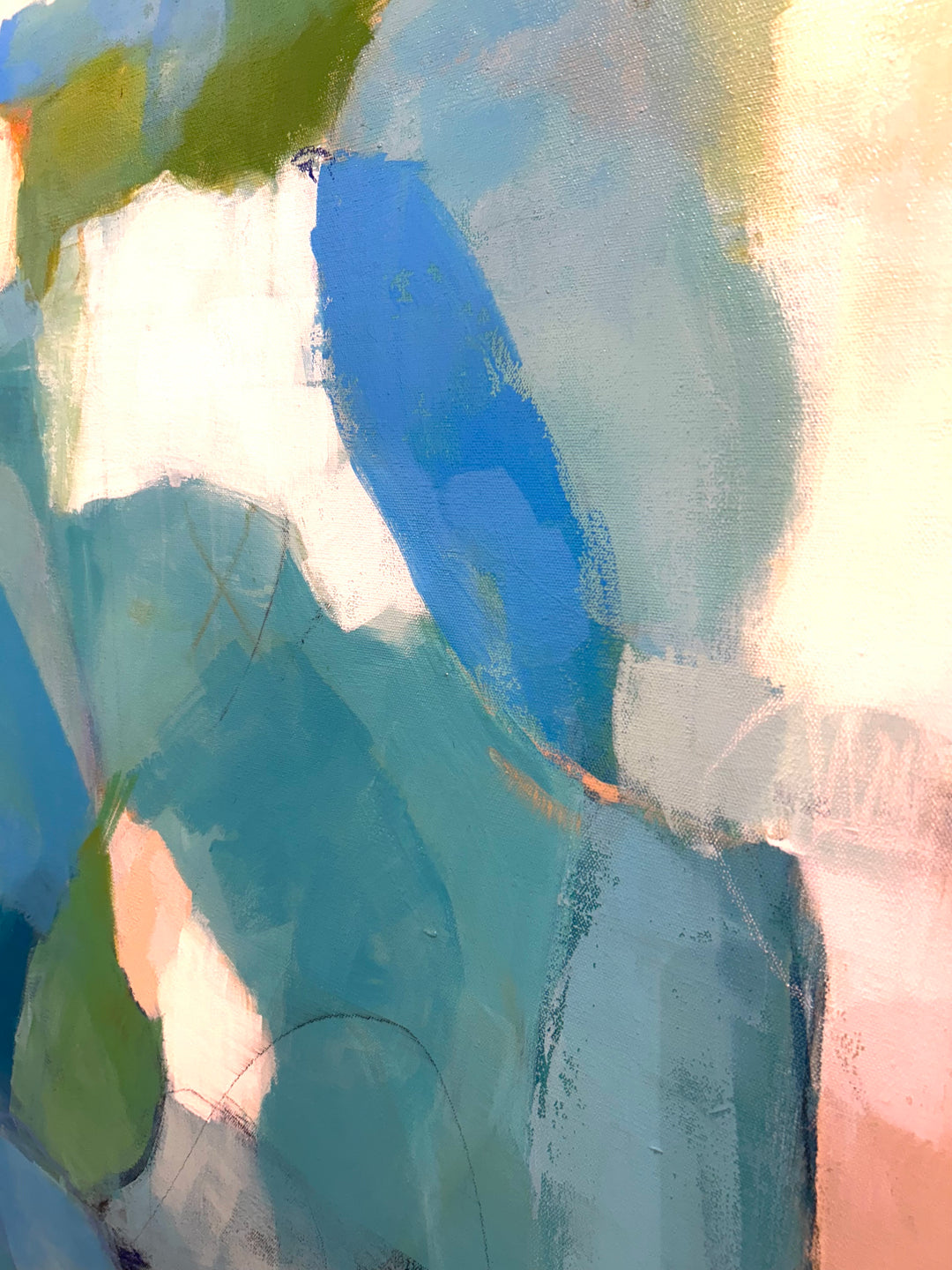 48”W x 60”H abstract acrylic on canvas painting with blues, greens, and cream.