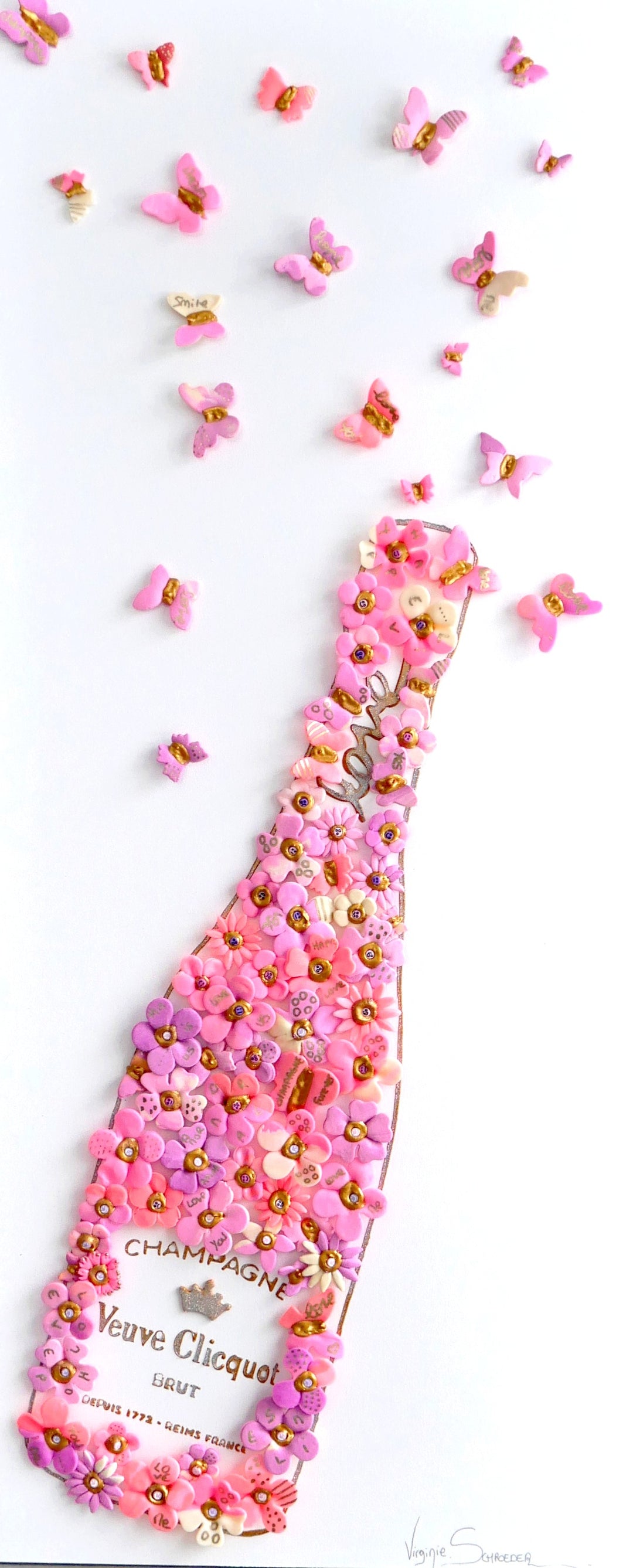 Acrylic clay and modeling paste painting of bottle champagne of pink 3 dimensional flowers coming out of bottle to butterflies on white canvas