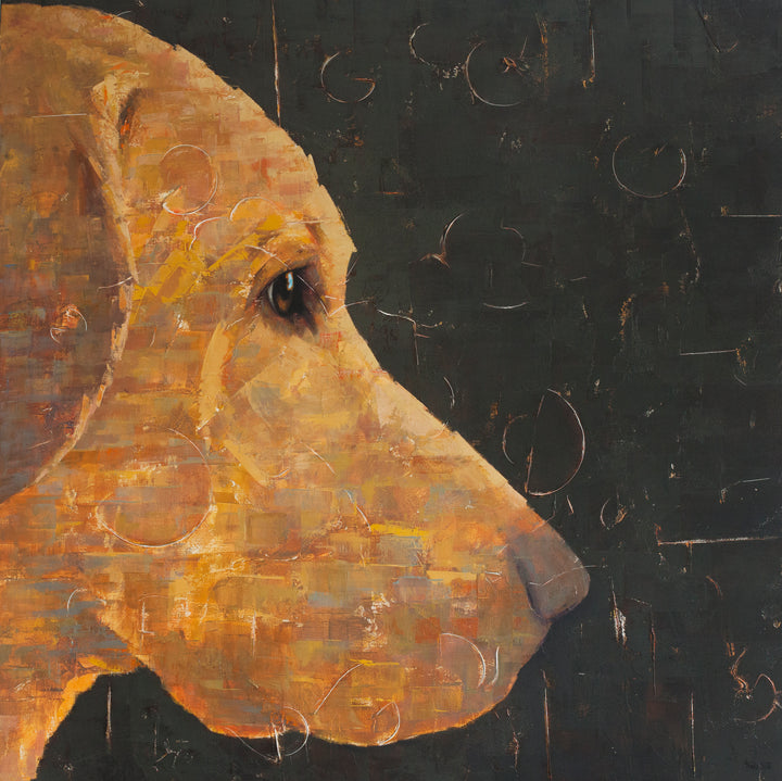 Waiting II, artwork by Tomasa Martín sized 40" x 40". Oil and acrylic on linen, painting  of a golden retriever seemingly waiting for their owner to come home.