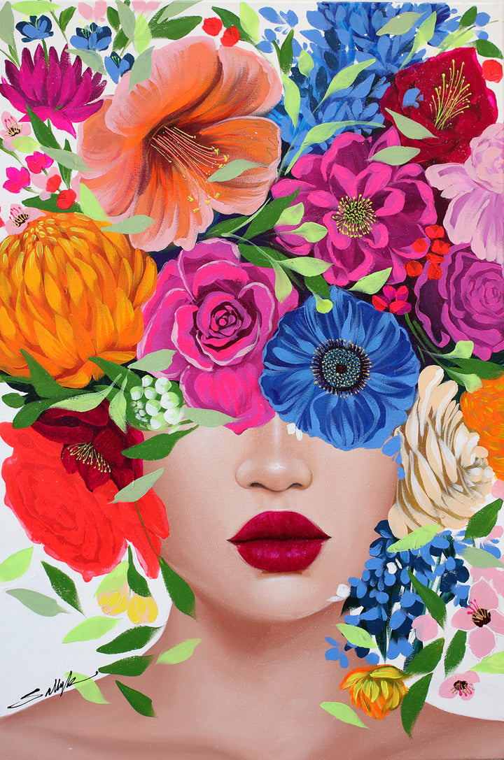 24"W x 36"H Acrylic paint and diamond dust on canvas. Woman with the upper half of her face covered by colorful flowers. 