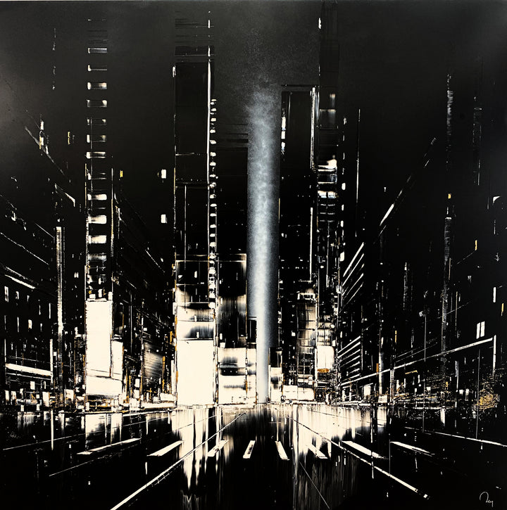 Julien Rey "Astoria", black, white and gold cityscape, lacquer &amp; gold leaf on 39.5x39.5" dibond